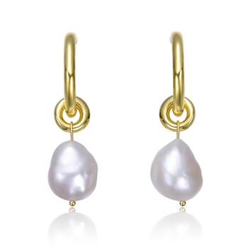 Pear Shape Pearl Simulant Huggie Drop Earrings In 14K Gold Over Brass