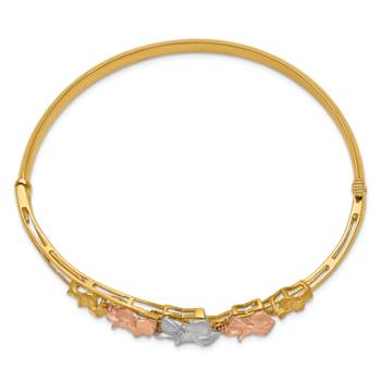 14k Tri-color Gold Brushed Diamond-Cut 11mm Plumeria Hinged Bangle