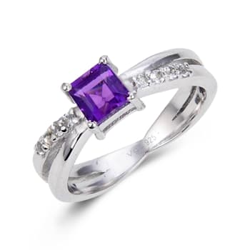 Square Amethyst with White Topaz Accents Sterling Silver Ring, 0.81ctw