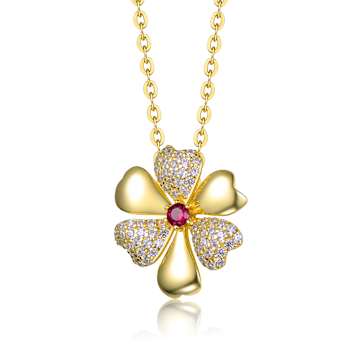 Ruby Color CZ Pave Flower Pendant Necklace In 14K Gold Over Brass