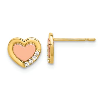 14k Two-tone Gold Children's Polished Cubic Zirconia Heart Stud Earrings