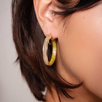 14K Yellow Gold Over Sterling Silver With Gold Color Glitter Clear
Acrylic Hoops