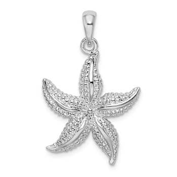 Rhodium Over Sterling Silver Polished and Textured Starfish Pendant