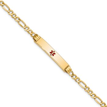 14k Yellow Gold Medical Polished Red Enamel Figaro Link ID Bracelet