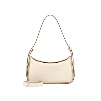 MCM Small Aren E/W Flap Hobo with Embossed Monogram Leather in Oatmeal Handbag