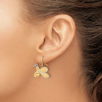 14k Yellow Gold and Rhodium Over 14k Yellow Gold Diamond-cut Bee Dangle Earrings