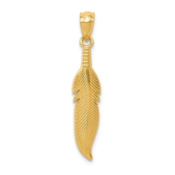 14k Yellow Gold Polished and Textured Feather Pendant