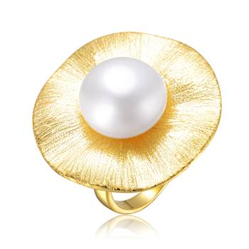 Pear Shape Freshwater Pearl Floral Ring In 14K Gold Over Sterling Silver