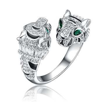 Emerald Color CZ Panther Bypass Ring In White Rhodium Over Brass