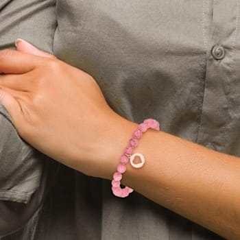 Rose Stainless Steel Polished  Heart with Tassel Pink Jade Beaded Bracelet