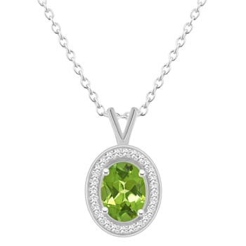 8x6mm Oval Peridot 1/8 ctw Diamond Rhodium Over Sterling Silver Halo
Pendant with Chain
