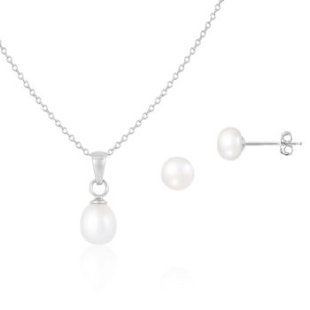 6.5-7mm Button/Drop White Freshwater Pearl Rhodium Over Sterling Earring
and Pendant W/Chain Set