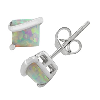 Square Lab Created Opal Sterling Silver Stud Earrings 1.20ctw