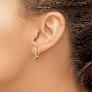 14K Yellow Gold Cubic Zirconia Heart Dangle Hinged Hoop Earrings