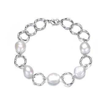 Freshwater Pearl And CZ Station Link Bracelet In Sterling Silver