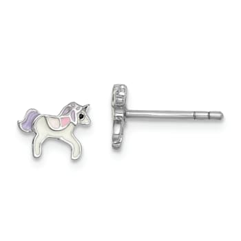 Rhodium Over Sterling Silver Childs Enamel Unicorn Post Earrings