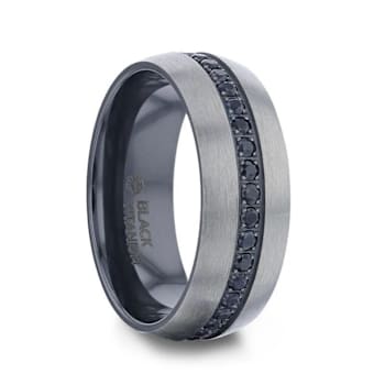 AVIATOR Domed Brushed Titanium Men's Wedding Band with Black Sapphire
Stones Inlay 8mm