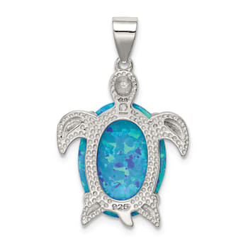 Rhodium Over Sterling Silver Lab Created Opal Inlay Sea Turtle Pendant