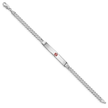 Rhodium Over 14k White Gold Medical Red Enamel Flat Curb Link ID Bracelet