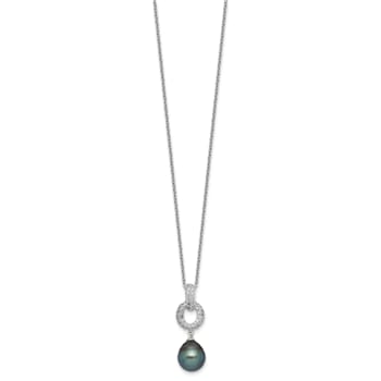 Rhodium Over Sterling Silver 9-10mm Tahitian Pearl/Cubic Zirconia
Necklace and Earring Set