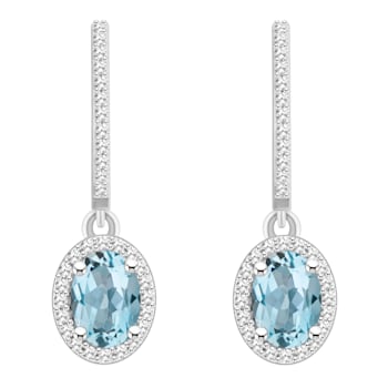 7x5mm Oval Aquamarine 1/3 ctw Diamond Rhodium Over Sterling Silver Halo
Dangle Earrings