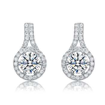 CZ Halo Drop Earrings In Rhodium Over Brass
