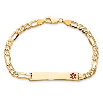 14k Yellow Gold Medical Red Enamel Flat Figaro Link ID Bracelet