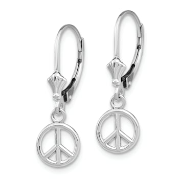 Rhodium Over 14k White Gold 3D Peace Symbol Dangle Earrings