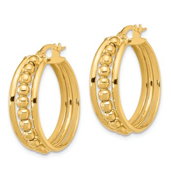 14k Yellow Gold 1" Polished and Beaded Hoop Earrings
