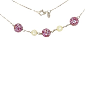 Round Pink and White Mother-Of-Pearl Beaded Sterling Silver Station Necklace