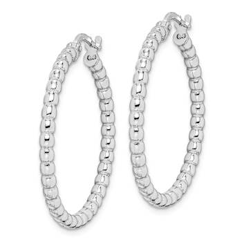 Rhodium Over Sterling Silver Beaded 3x25mm Hoop Earrings