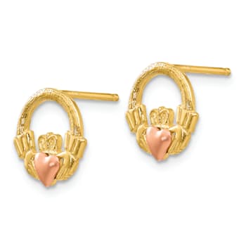 14K Two-tone Gold 10mm Textured Claddagh Stud Earrings