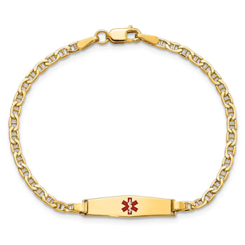 14k Yellow Gold Medical Soft Diamond Shape Red Enamel Mariner Link ID Bracelet