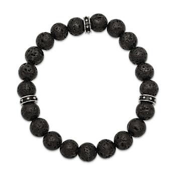 Stainless Steel Polished Black Enamel Lava Stone Beads Stretch Bracelet