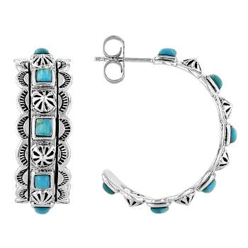 Turquoise Southwest Inspired Oxidized Sterling Silver Hoop Earrings 2.5mm