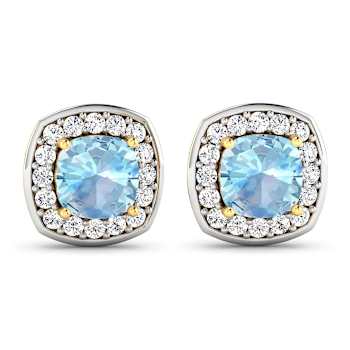1.50ctw 14K Yellow Gold Cushion Aquamarine and White Diamond Halo Earrings