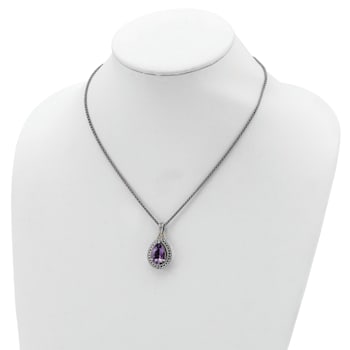 Sterling Silver Antiqued with 14K Accent Diamond and Amethyst Necklace
