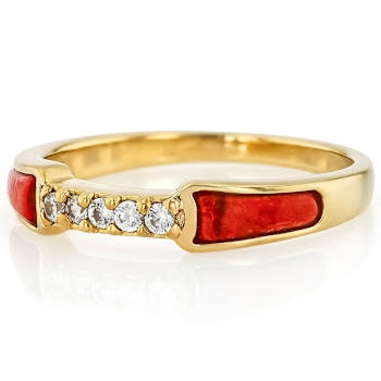 Red Sponge Coral Inlay And White Zircon Band Ring In 18K Gold Over
Sterling Silver 0.06ctw
