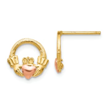 14K Two-tone Gold 10mm Textured Claddagh Stud Earrings