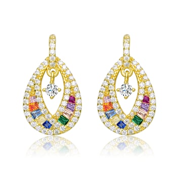 Multi-Color CZ Pear Shape Drop Earrings In 14K Gold Over Sterling Silver