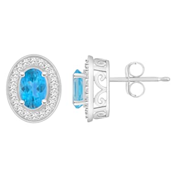 6x4mm Oval Blue Topaz 1/5 ctw Diamond Rhodium Over Sterling Silver Halo
Stud Earrings