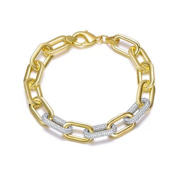 Pave CZ Link Chain Bracelet In 14K Gold Over Brass