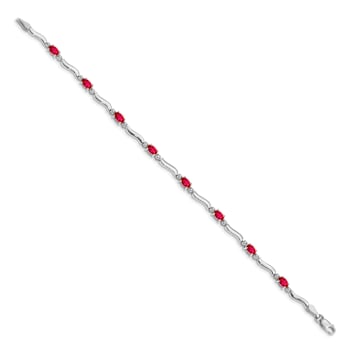 Rhodium Over 10k White Gold Diamond and Red Ruby Bracelet