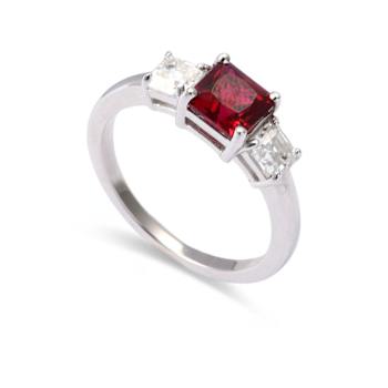 Red Lab Grown Ruby Rhodium Over Sterling Silver Three Stone Ring