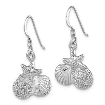 Rhodium Over Sterling Silver Starfish, Sand Dollar and Shell Dangle Earrings
