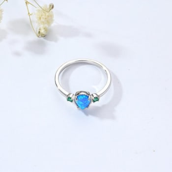 Pear Shape Lab Created Blue Opal and Round Green Nanocrystal Sterling
Silver Opal Ring 3-Stone Ring