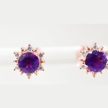 Amethyst and CZ 0.84 Ctw Round 18K Rose Gold Over Sterling Silver Button
type Earrings.