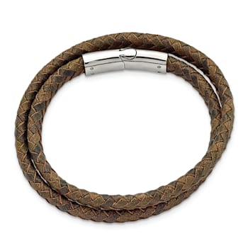 Brown Leather and Stainless Steel Polished 14.75-inch Wrap Bracelet