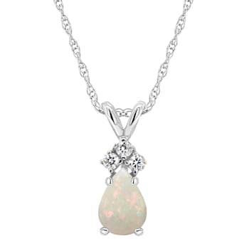 7x5mm Pear Shape Opal with Diamond Accents 14k White Gold Pendant With Chain