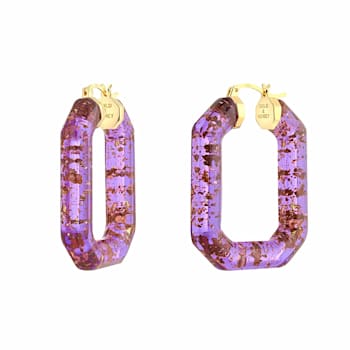 14K Yellow Gold Over Sterling Silver Acrylic Hoops in Purple with Glitter
